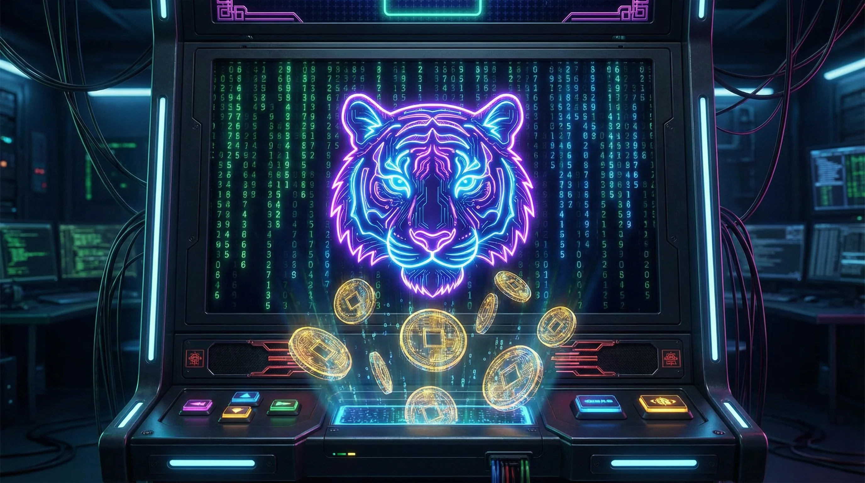 Jogo Fortune Tiger com tigre neon e moedas douradas no betnacional